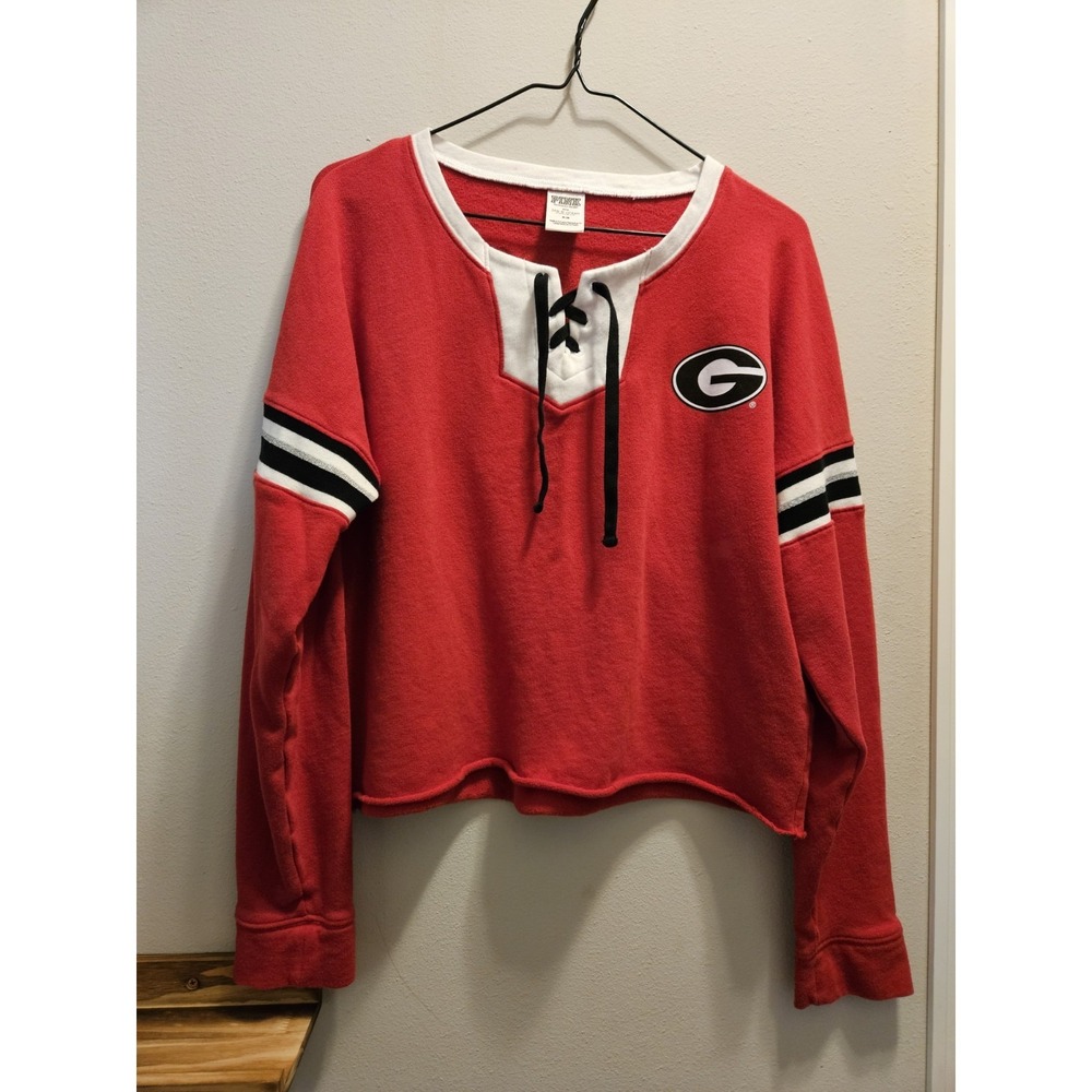 Victoria's Secret PINK Georgia Bulldogs Lace Up Cropped Sweatshirt Red Womens M